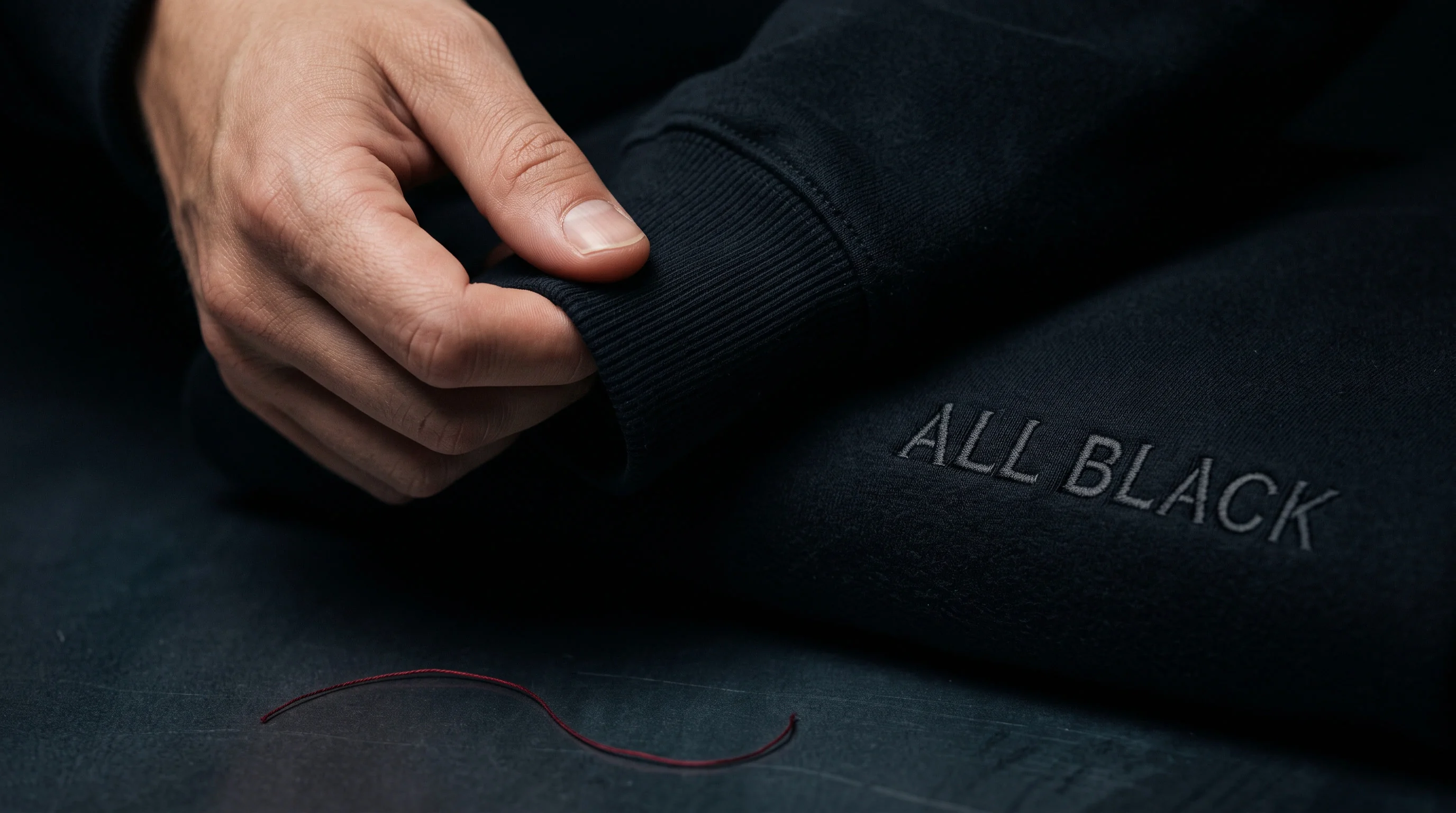 Hand at the cuff of a black sweatshirt with the ALL BLACK embroidery